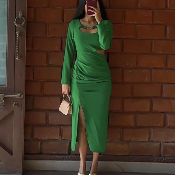 ZARA Midi Cut Out Dress Green New - Picture 1 of 13